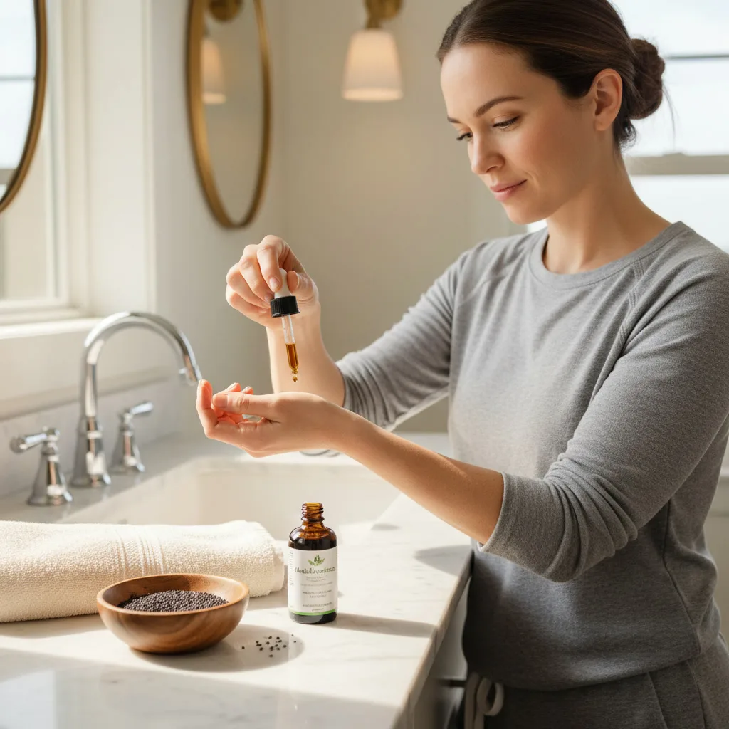 black seed oil in bottle and spoon