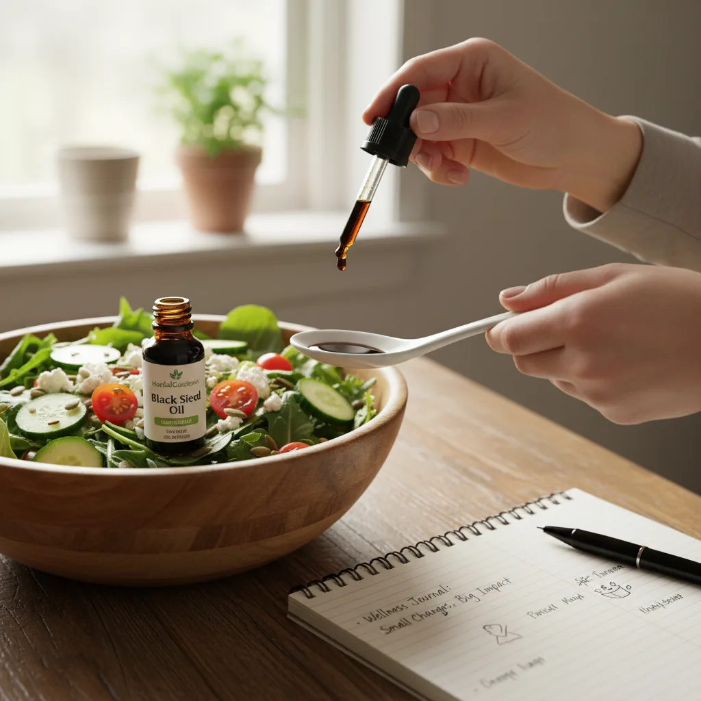 black seed oil bottle and nigella seeds