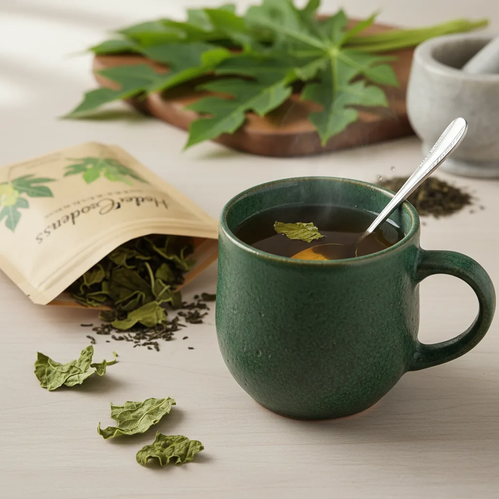 Papaya Leaf Tea Cup and Fresh Leaves