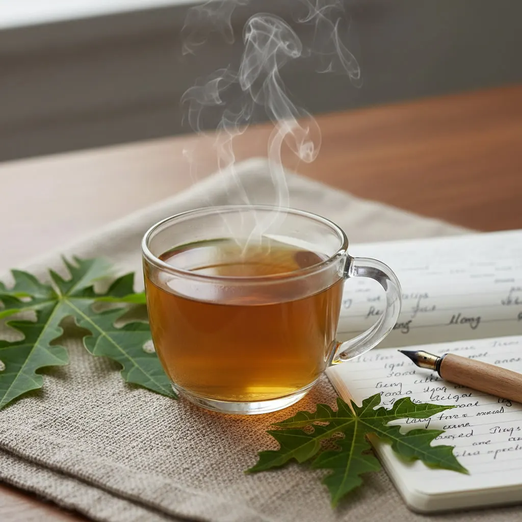 papaya leaf tea cup and dried leaves