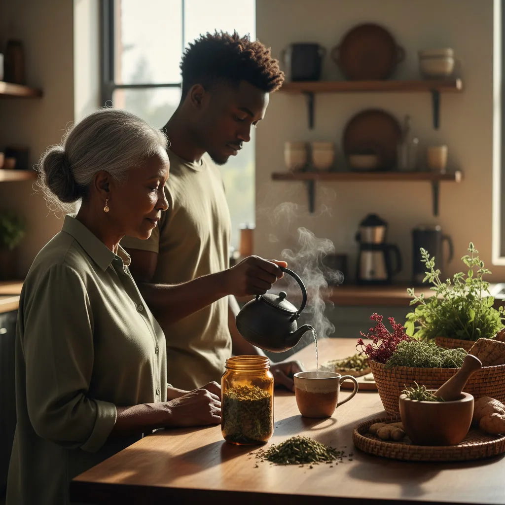 African herbal practitioners preparing botanicals