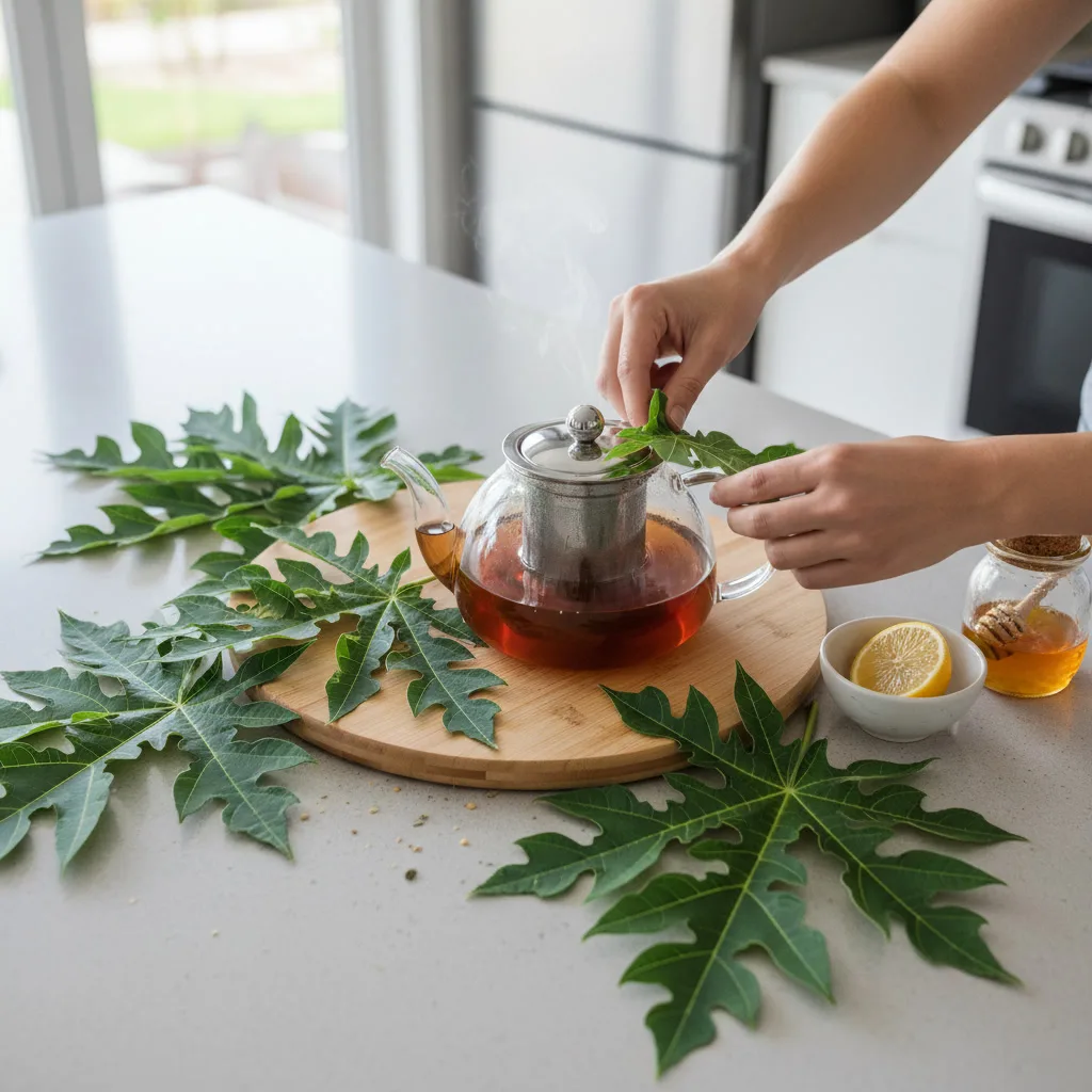 Papaya leaf and brewed tea cup
