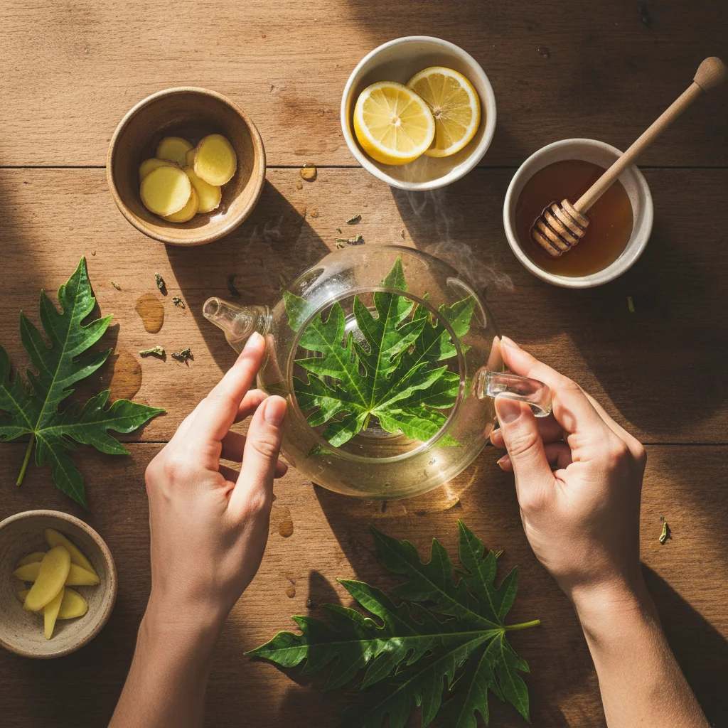 Papaya Leaf Tea Cup and Leaves