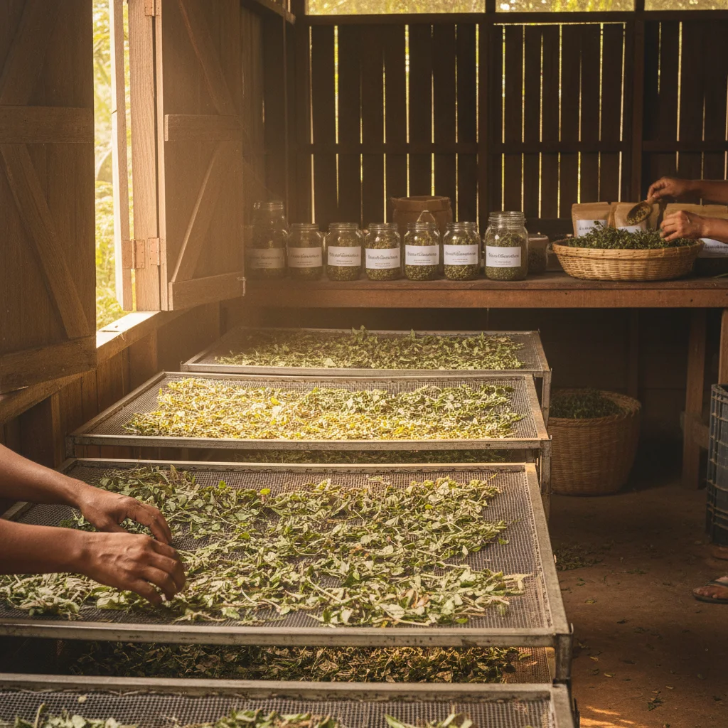 Sun-dried chanca piedra and herbs on racks
