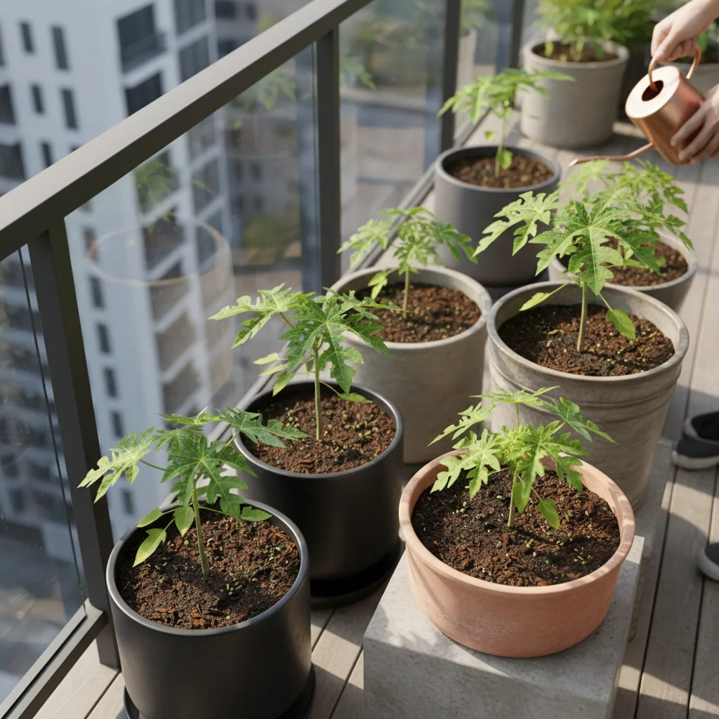 Espaliered papaya tree on balcony