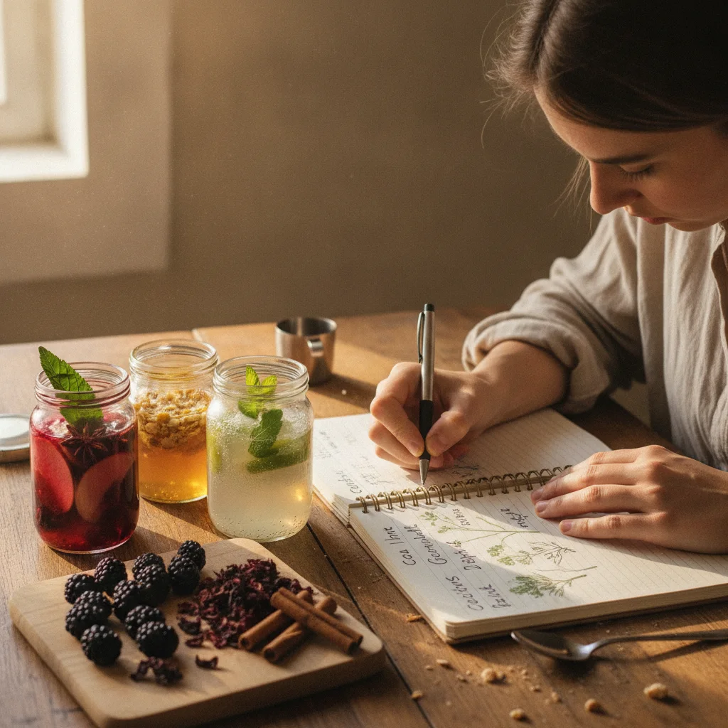 Blending herbal syrups and leaves in a kitchen jar