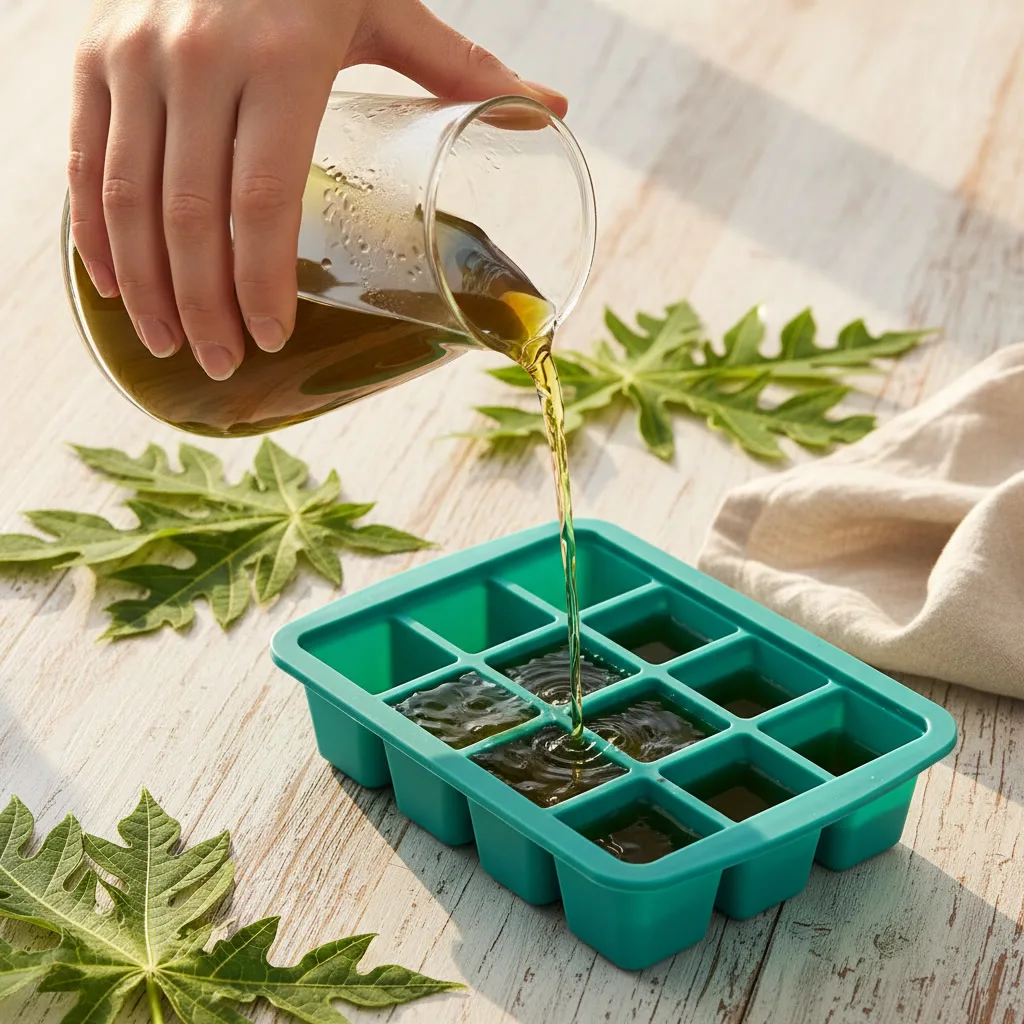 papaya leaf tea poured into ice cube trays