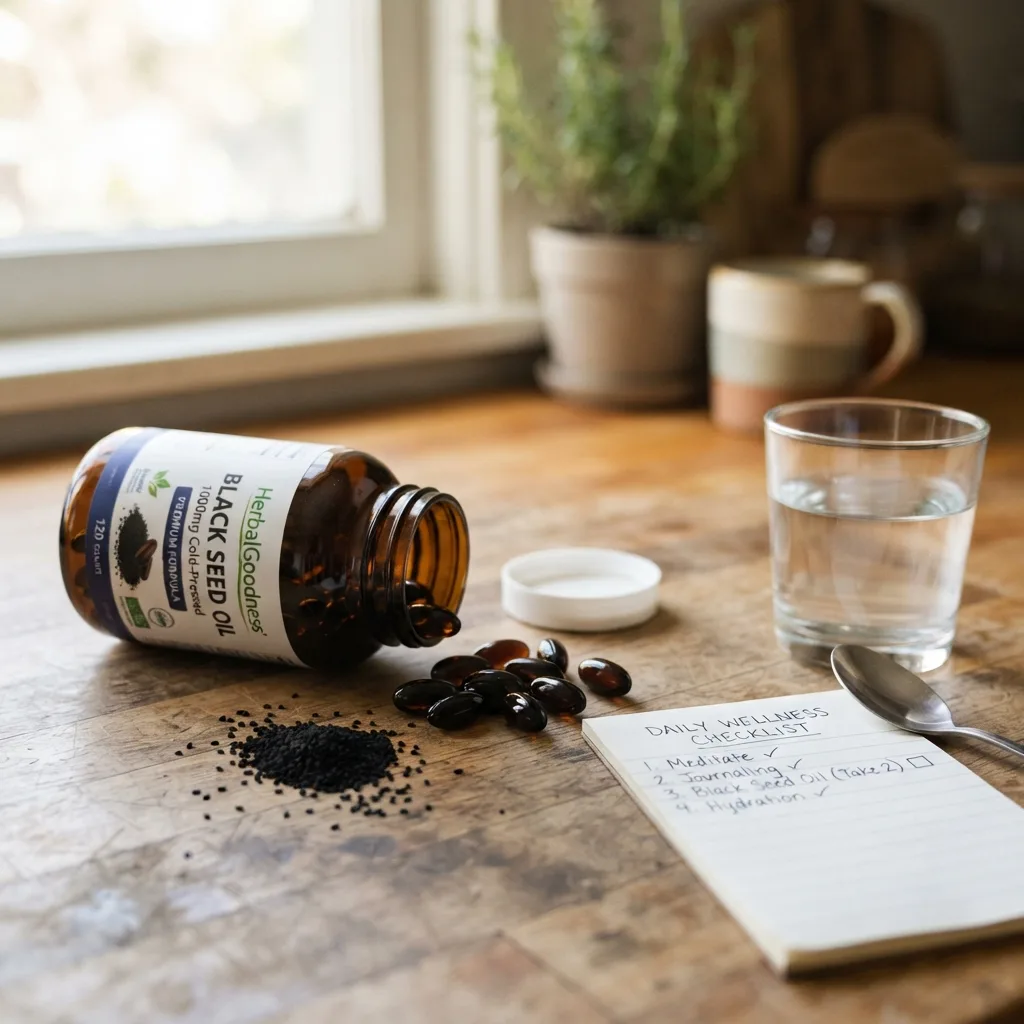 Black seed oil capsule bottle and comparison chart