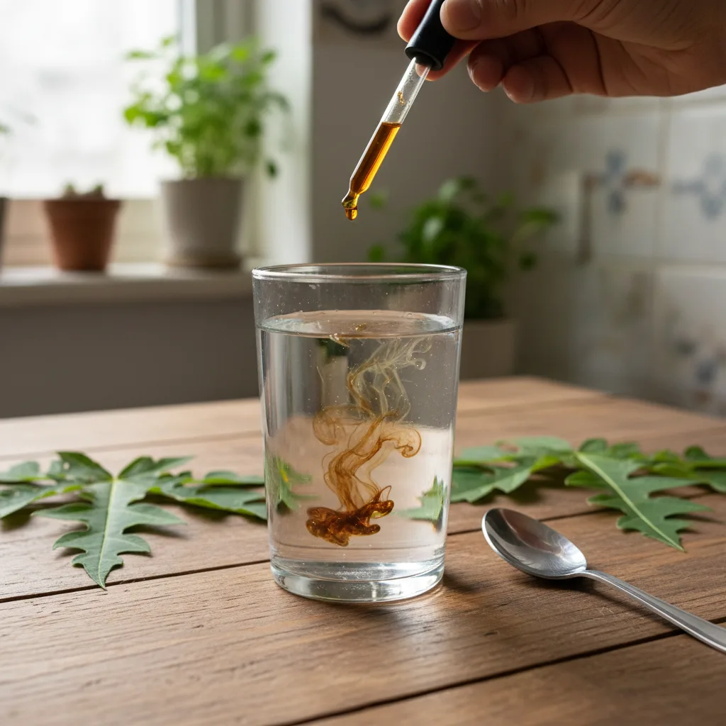Person testing papaya leaf extract in a home kitchen