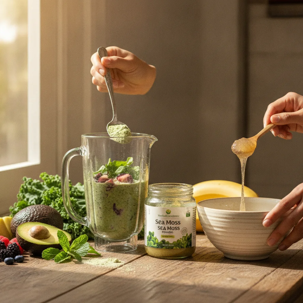 sea moss powder in a wooden spoon