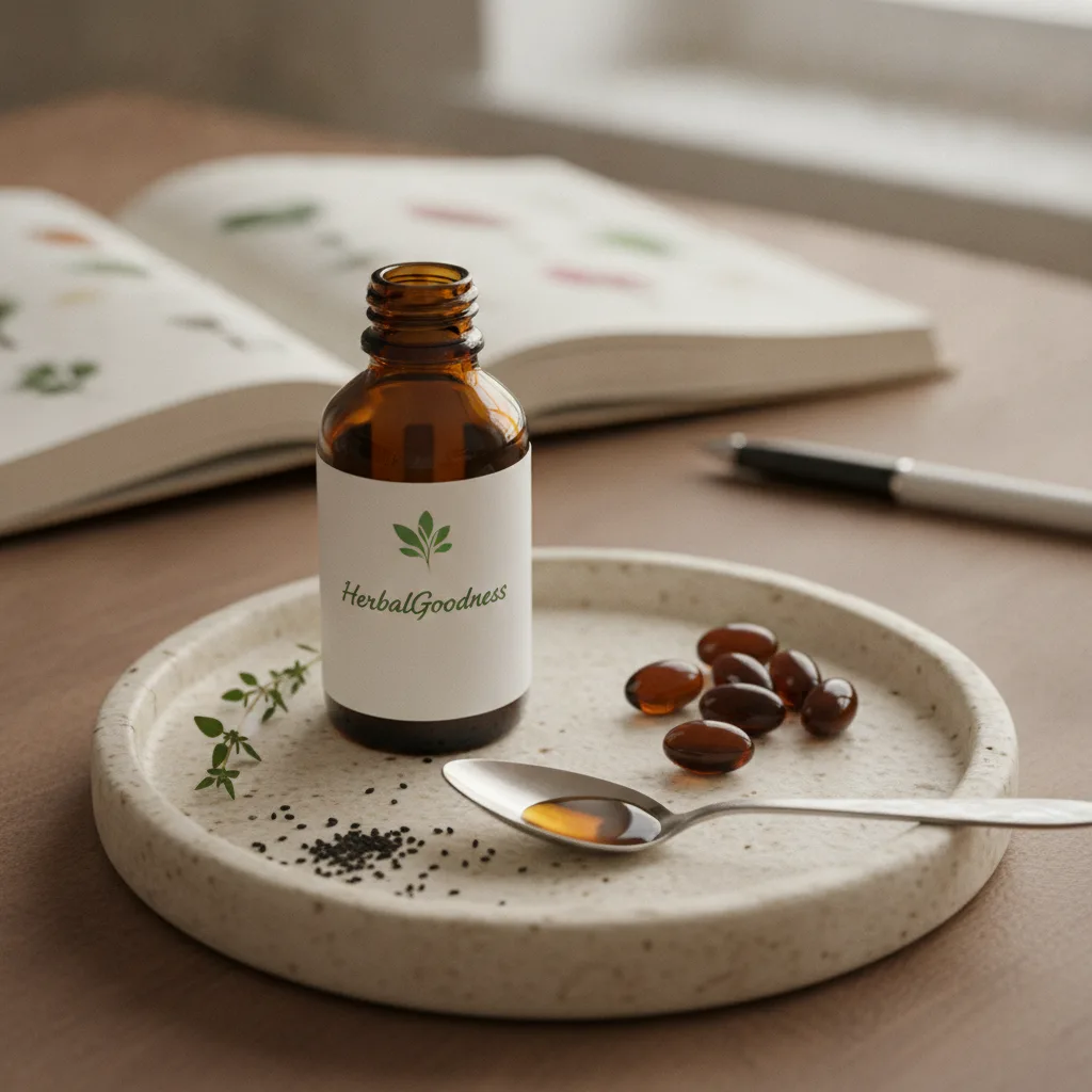 black seed oil bottle and seeds on a wooden table