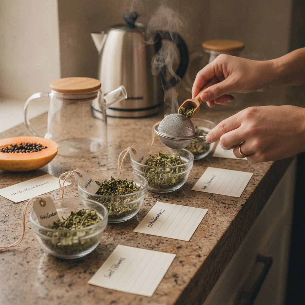 person filling in a tea tasting sheet