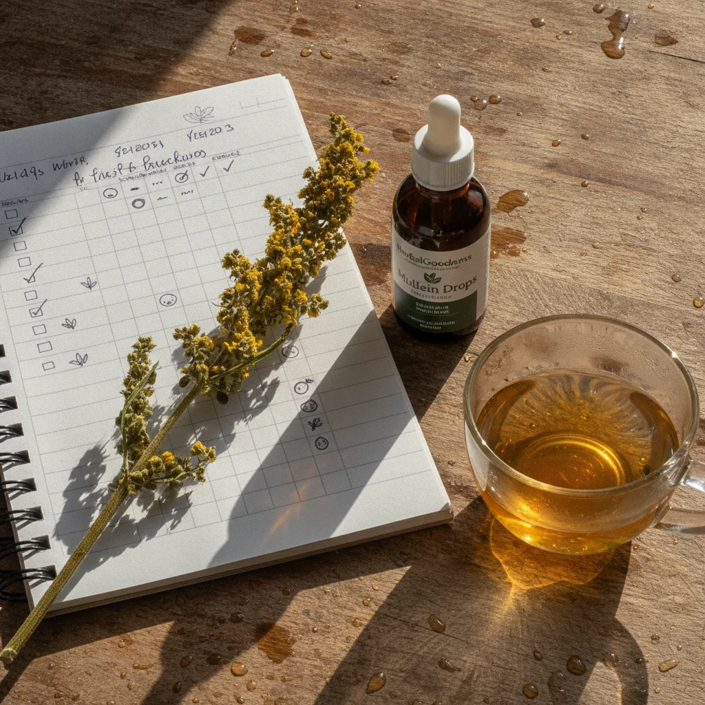 Herbal drops and tea cup on table