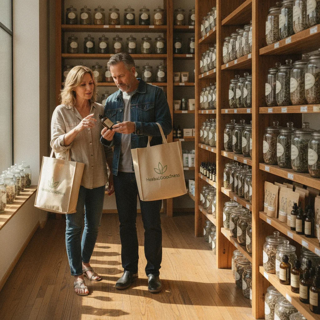 Herbal shop staff helping customer