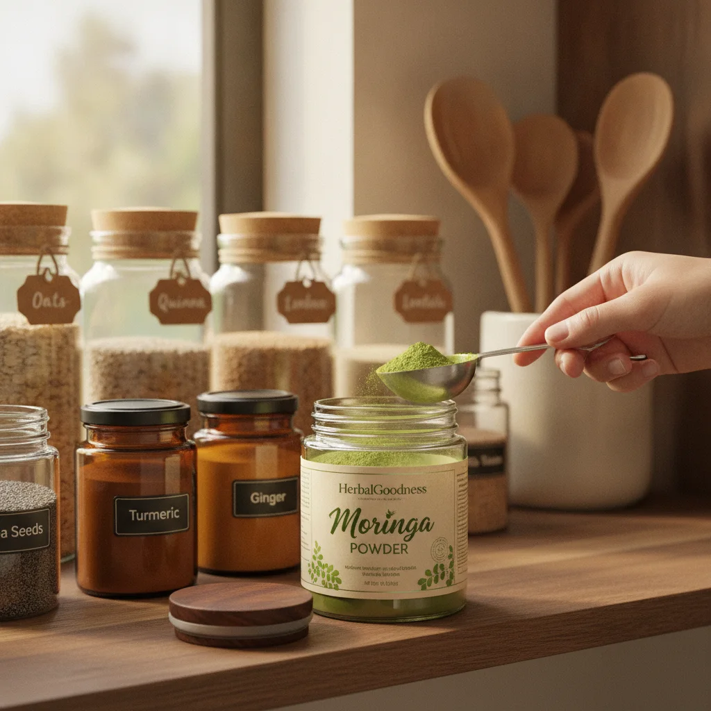 Moringa powder in a wooden spoon