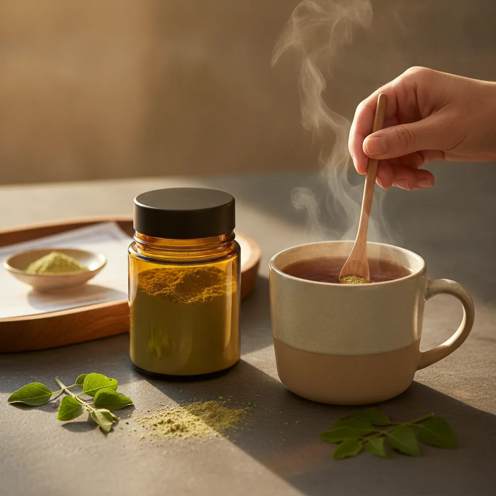 ashwagandha root powder in wooden spoon