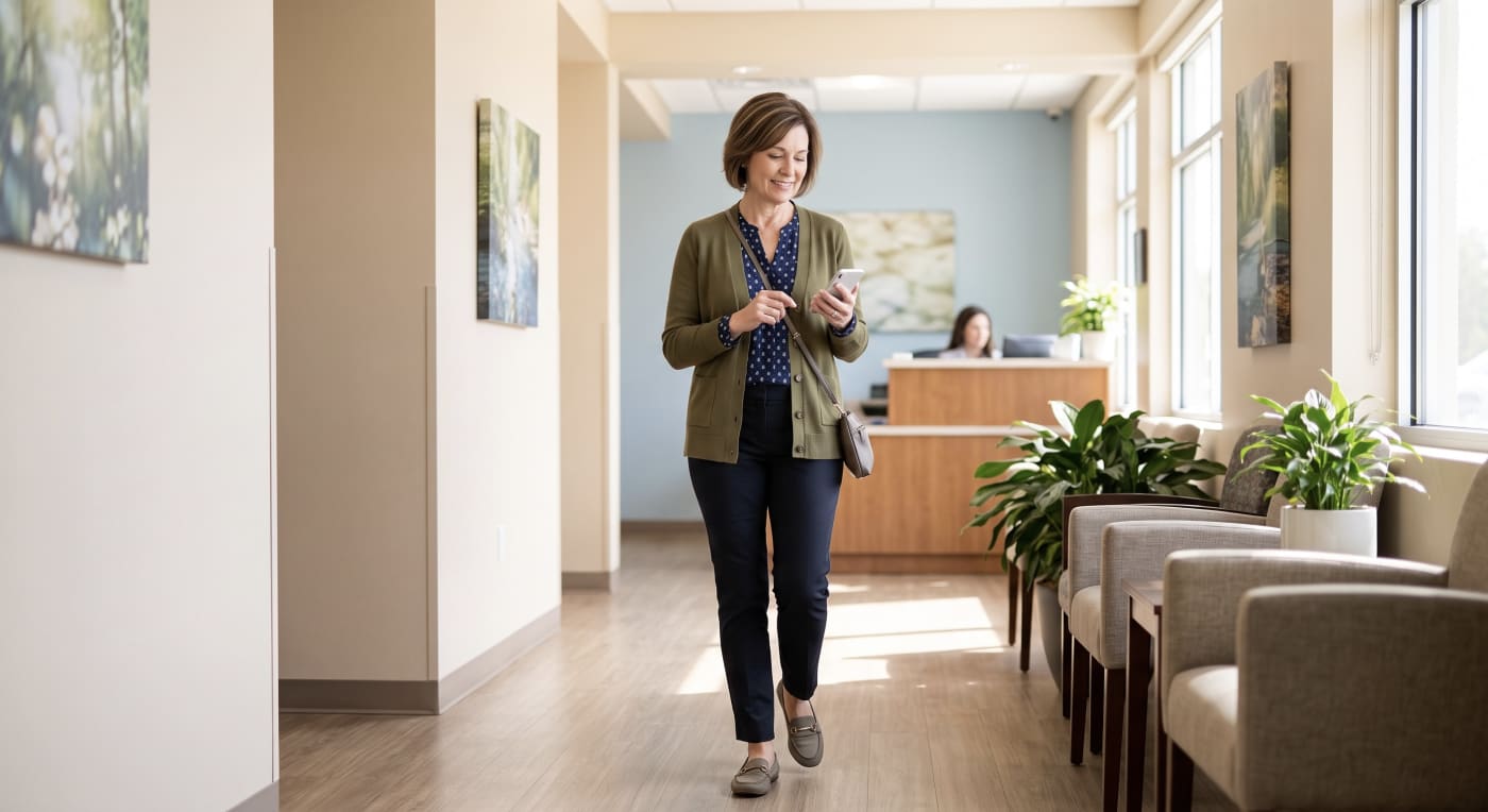Woman in her 50s walking into a doctor's office, checking her phone for medication notes and appointment details