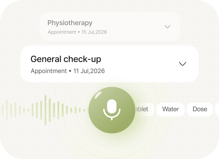 Kinlog AI voice quick-add UI with a microphone control, appointment cards, and medication tags for tablet, water, and dose