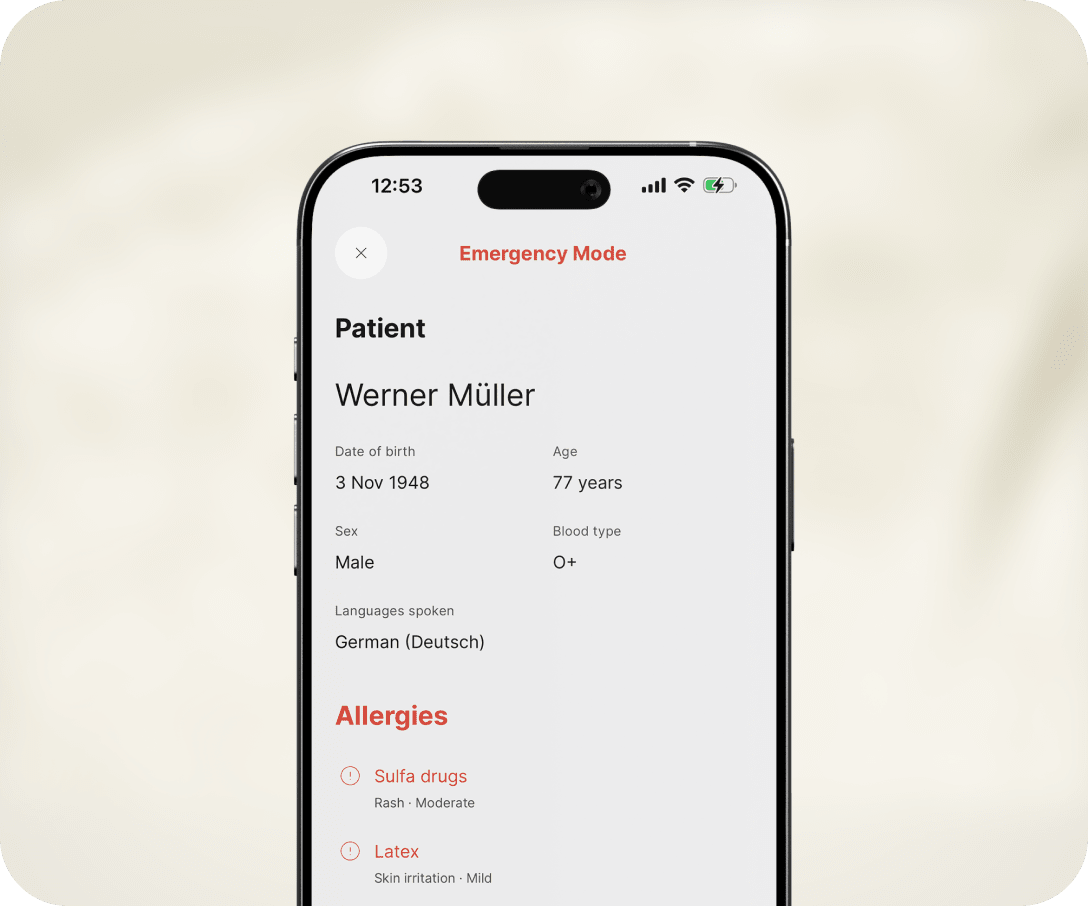 Kinlog on iPhone in Emergency Mode showing patient details for Werner Müller, blood type O+, and allergies to sulfa drugs and latex