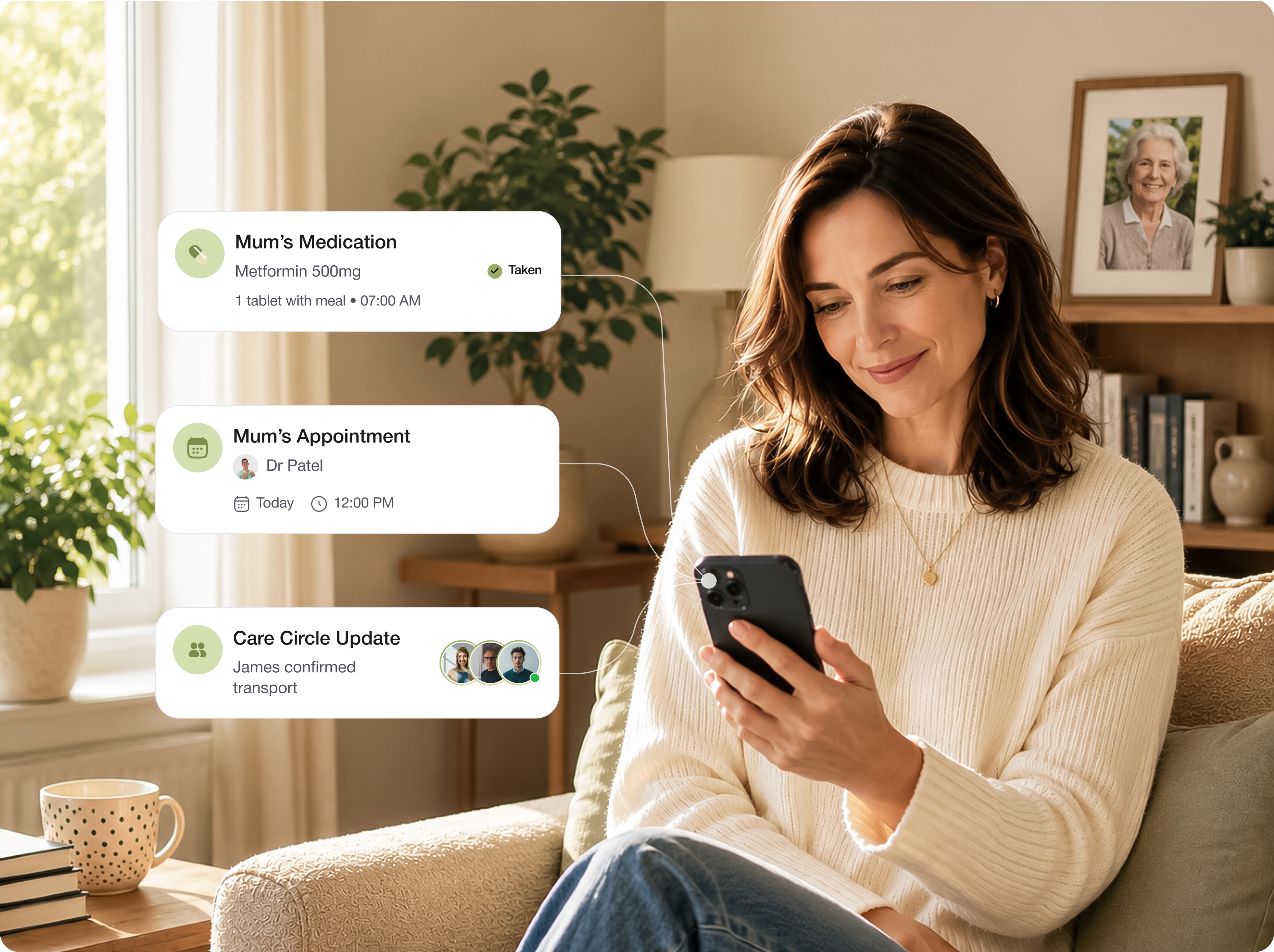 Woman at home on a sofa checking her phone while Kinlog shows Mum's medication taken, an appointment with Dr Patel, and a care circle transport update