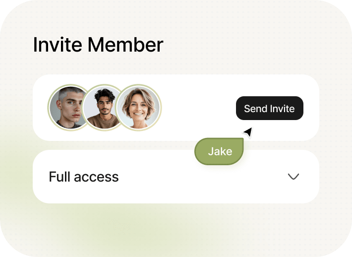Kinlog invite member UI with overlapping family avatars, a Send Invite button, and a Full access permission dropdown