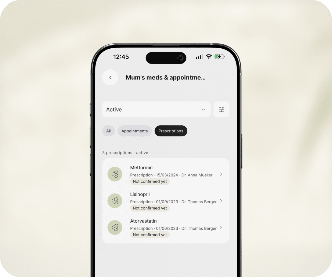 Kinlog on iPhone showing Mum's active prescriptions list with Metformin, Lisinopril, and Atorvastatin