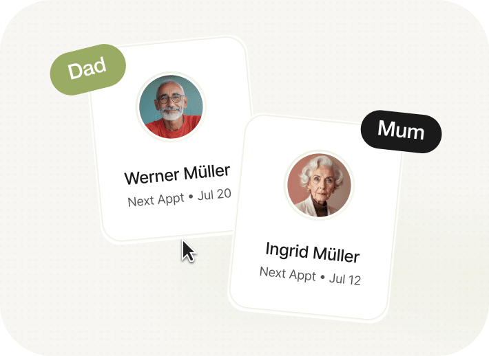Kinlog profile switcher showing Mum and Dad cards for Ingrid Müller and Werner Müller with upcoming appointment dates
