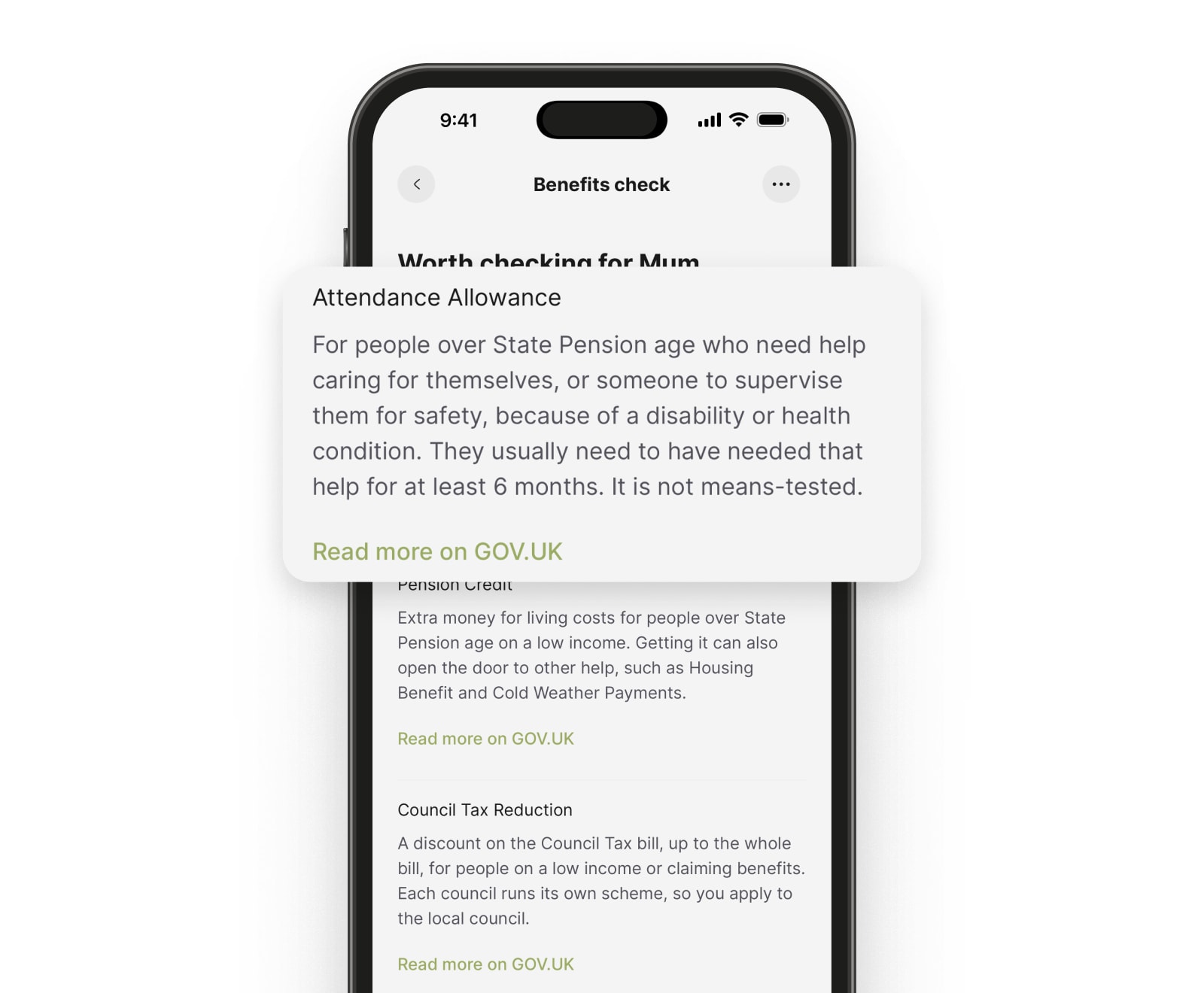 Kinlog on iPhone showing the benefits worth checking for Mum, each with a link to the official page