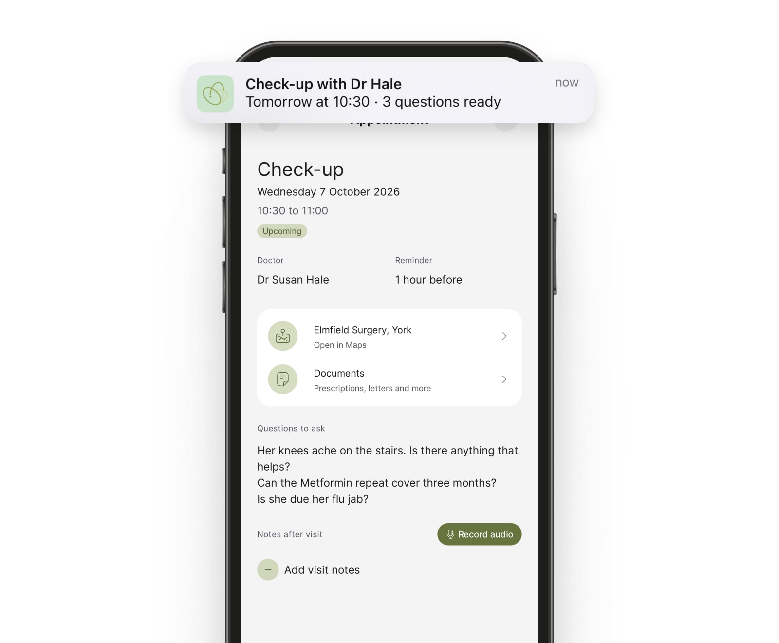 Kinlog on iPhone showing Mum's check-up with Dr Hale tomorrow at 10:30, the surgery, her documents, and three questions ready to ask
