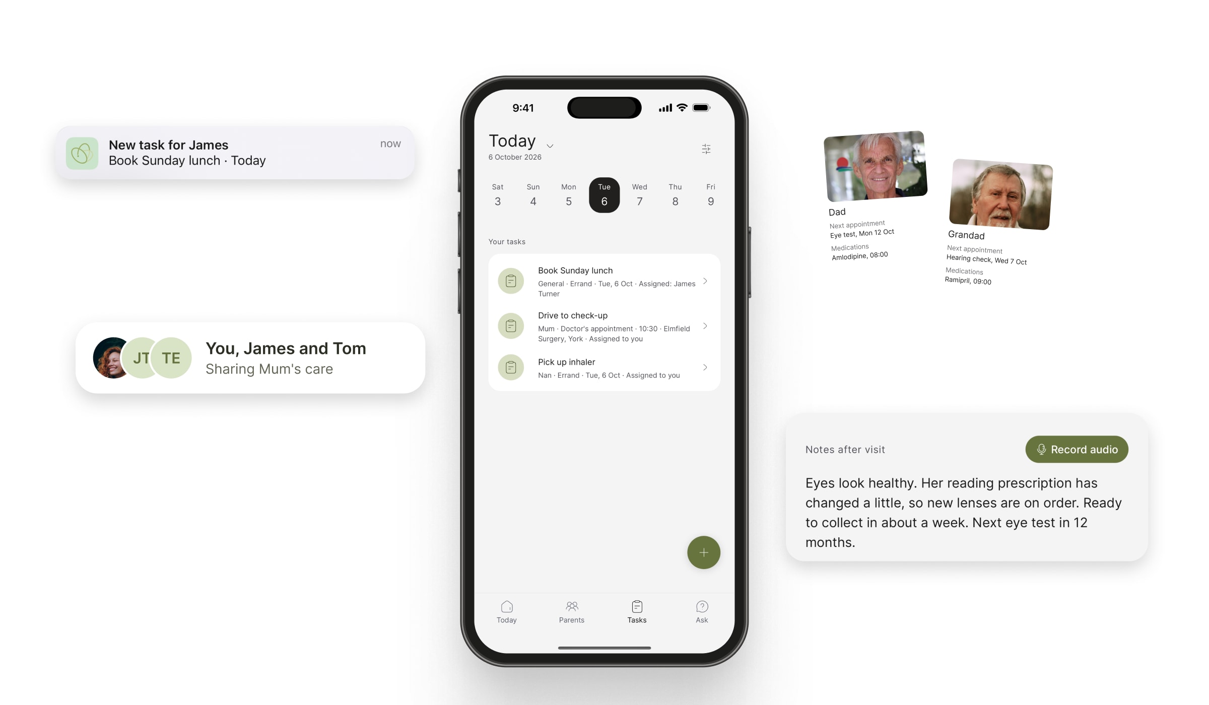 Kinlog on iPhone showing today's family tasks, with a new task for James, Sarah, James and Tom sharing Mum's care, cards for Dad and Grandad, and notes from an eye test