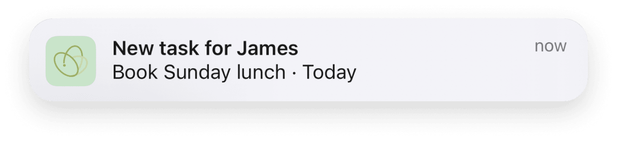 Kinlog notification: new task for James, book Sunday lunch, today