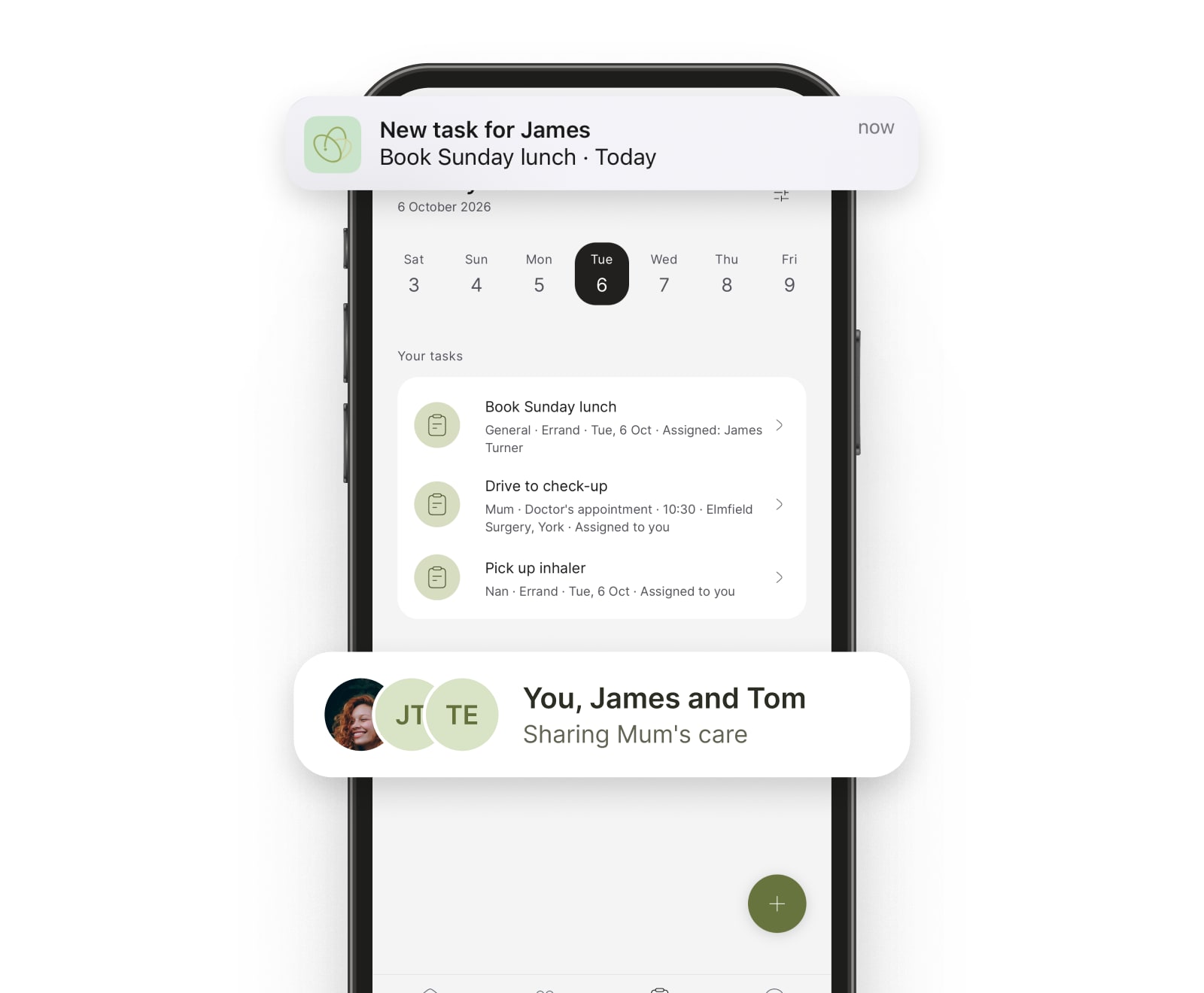 Kinlog on iPhone showing the family's tasks for the week, with Sarah, James and Tom sharing Mum's care