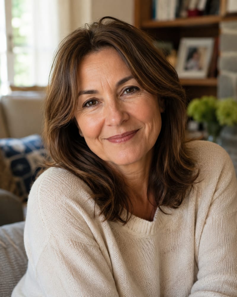 Sarah, a woman in her 50s and primary caregiver, smiling at home in natural light in a cream sweater