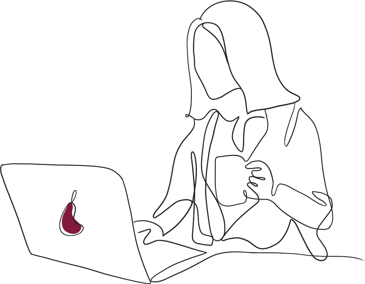 Line drawing of a woman at a desk drinking coffee in front of a laptop