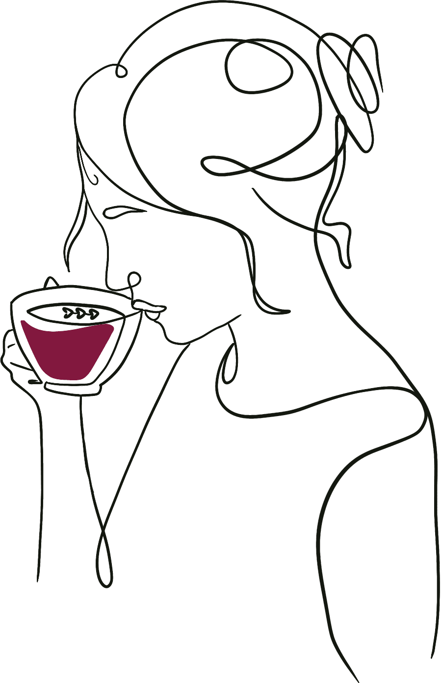 A line drawing of a person drinking coffee