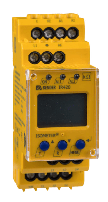 IR420-D6-2. A-Isometer Un: AC 42..460 Hz 0..300V. Tilkobling via fjærklemmer