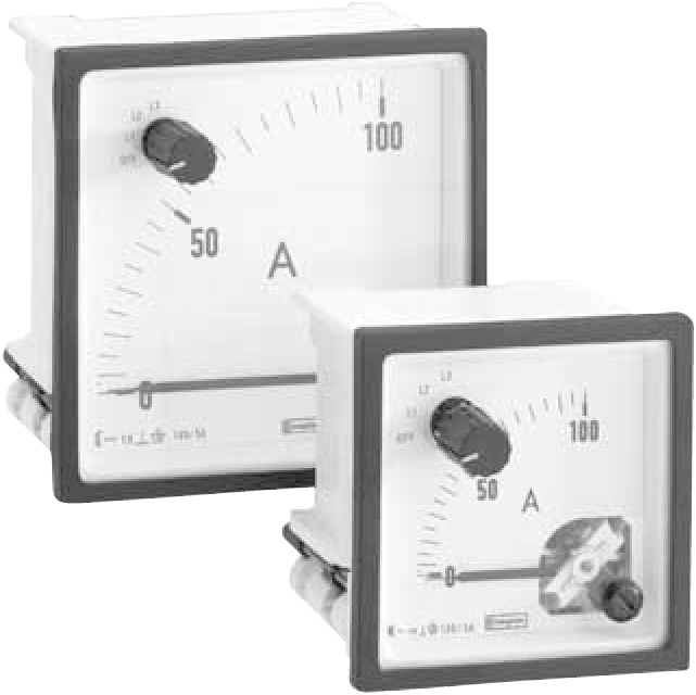 E244-02E-G-LS-XX-C7-AMP3. A-meter m/vender. L3. L2. L1. OFF. 50/60Hz. 96x96mm