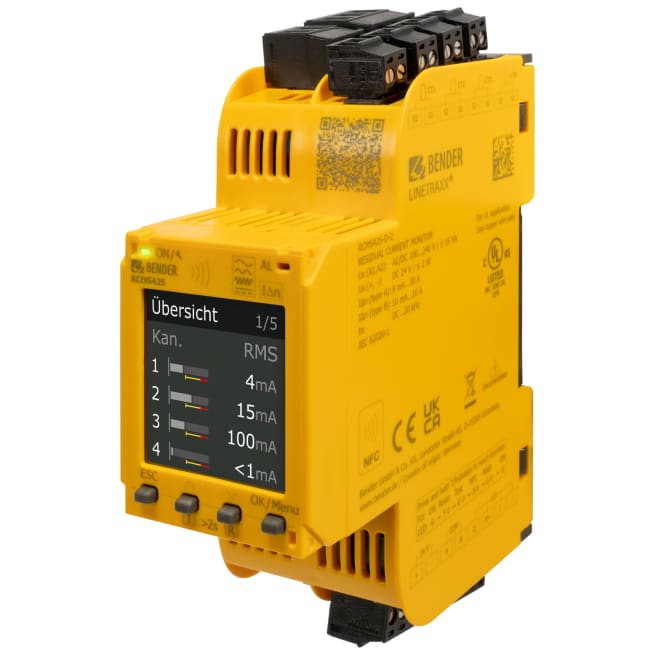 RCMS425-D-2. 4-kanals jordfeilvarsler type A+B med Modbus RTU og NFC