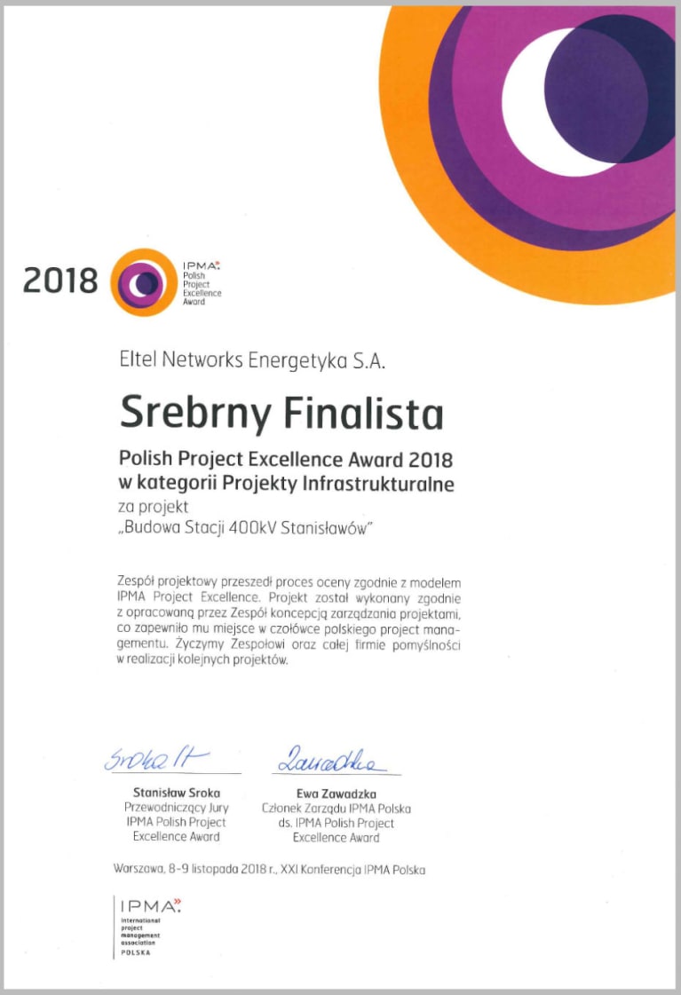 IPMA (International Project Management Association) - tytuł Srebrnego Finalisty Polish Project Excellence Award 2018, w kategorii Projekty Infrastrukturalne  – eltelnetworks.pl