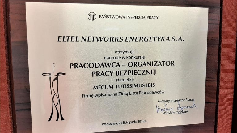 Eltel Networks Energetyka S.A. laureatem prestiżowego konkursu Pracodawca - Organizator Pracy Bezpiecznej - zdjęcie wyróżnienia- Eltel Networks