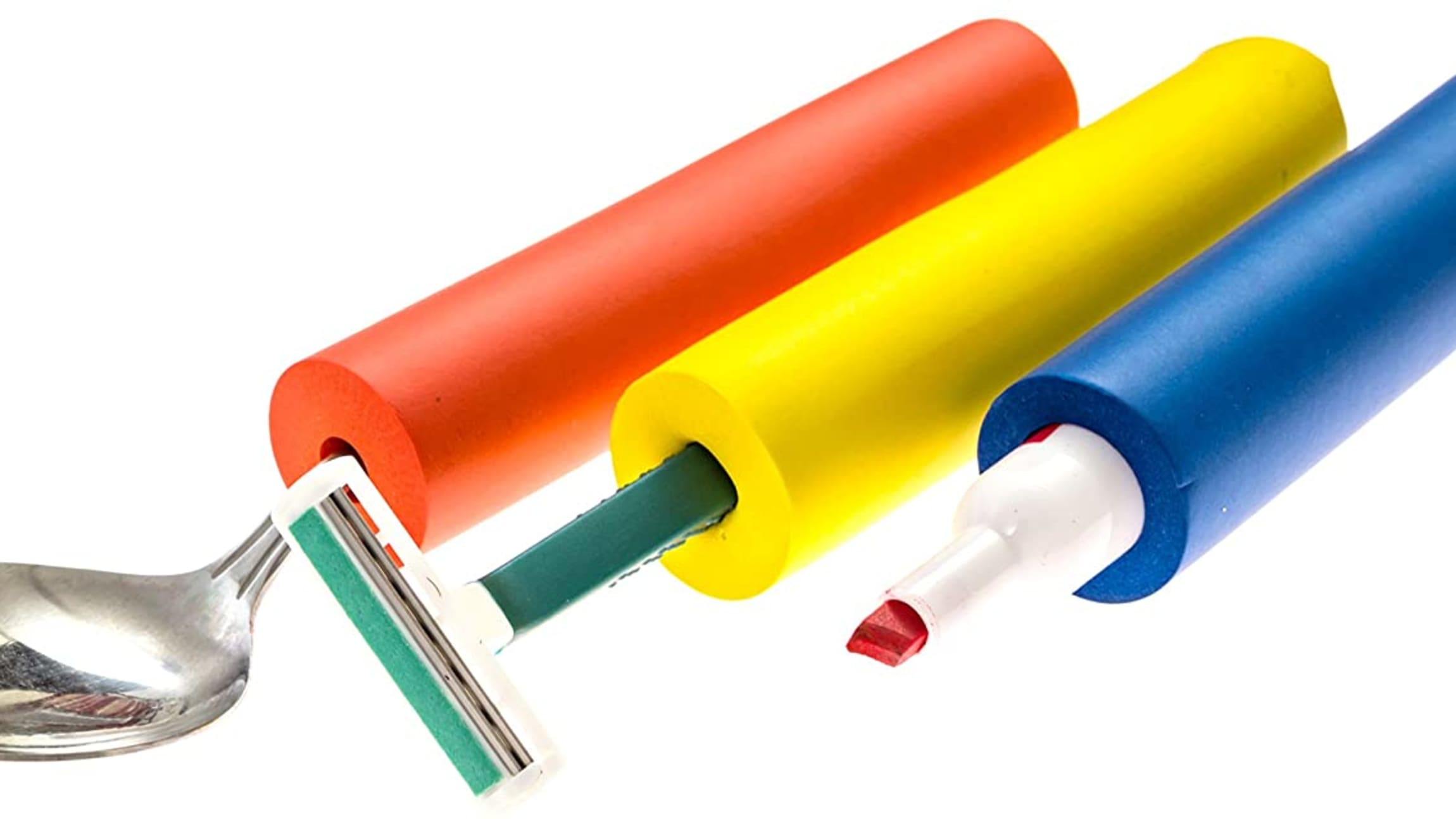 Picture showing different uses of foam tubing. Red tubing holding a spoon, yellow tubing holding a razor, and blue tubing holding dry erase marker. 