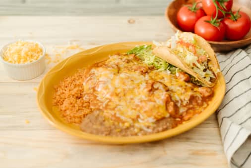 image of #11 Burrito Verde, Cheese Enchilada, Ground Beef Taco w/ Beans & Rice