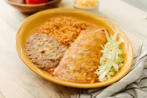 image of #12 Bean and Cheese Burrito Enchilada Style w/ beans & rice