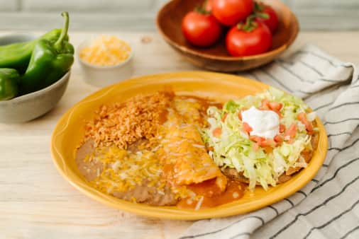 image of #4 Bean Tostada, Cheese Enchilada w/beans & rice