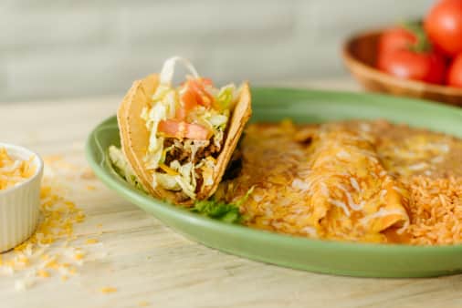 image of #5 Beef Enchilada, Cheese Enchilada, Taco w/beans & rice