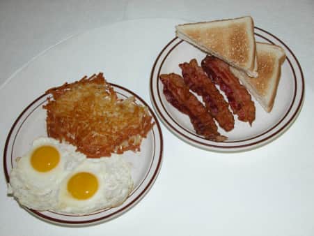 image of #1 2 eggs, hashbrowns, meat and toast