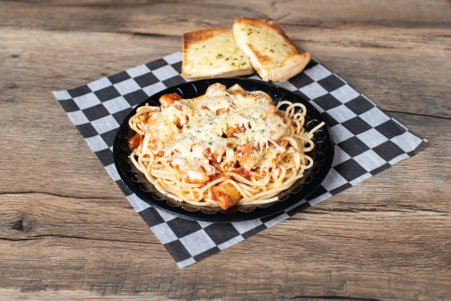 image of Chicken Parmesan Spaghetti Bake with Garlic Bread