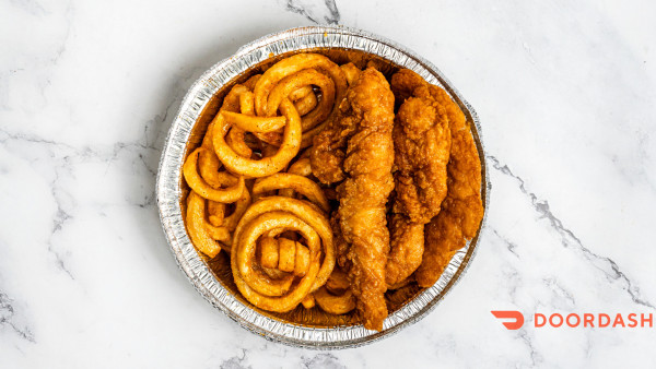 image of H's Chicken Fingas (3) with Curly Fries