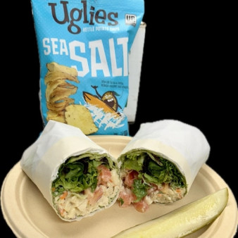 image of Chicken Salad Wrap with a Bag of Chips & pickle Spear!!
