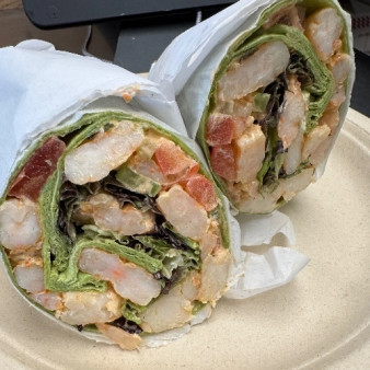 image of Farmhouse Shrimp Salad Spinach Wrap with Chips & Pickle